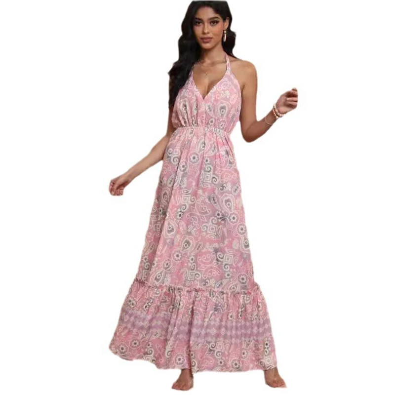 Robe longue taille haute à bretelles pour femmes, imprimé rétro, mode printemps, été, FibSlim, Maxi, Boho, décontracté, plage, 2025