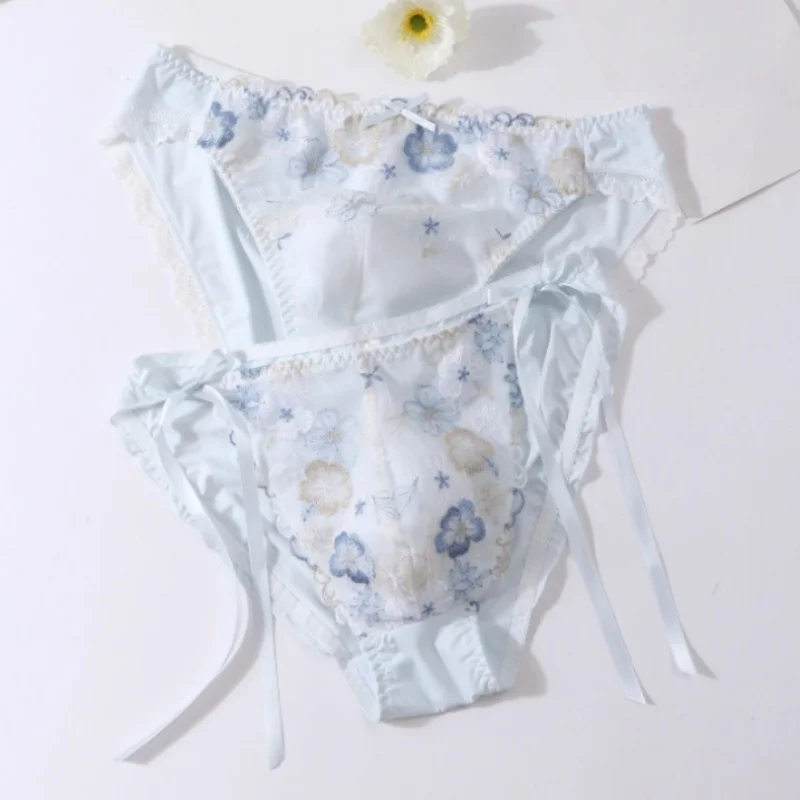 

Men's Embroidered Lace Sexy Triangle Pants Blue Sissy U Convex Pouch Lace Up Briefs Soft Charming Pure Desire Wind Panties