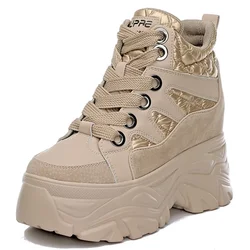 8cm Full Cow Genuine Leather Women Ankle Boots Platform Shoes Wedge Sports Casual Shoes Fashion Boots Motorcycle Booties