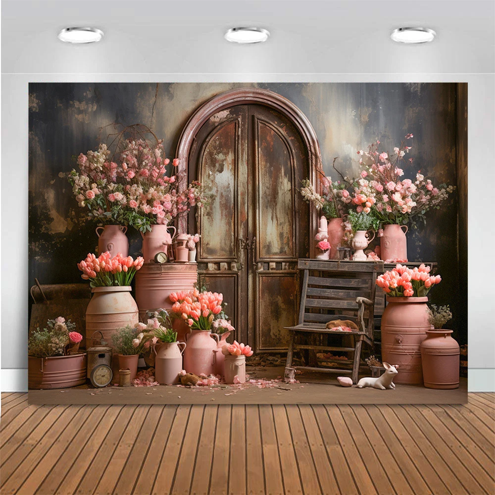 Retro Indoor Flowers Decor Photo Background Adult Kids Portrait Photo Studio Props Old Doors and Windows Photography Backdrop