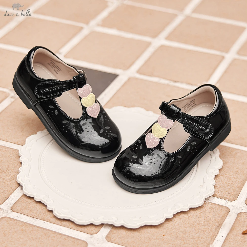 Dave Bella Girls' Black Leather Shoes Black Autumn Spring Princess Shoes Children Soft Academy Style Party DB3262503