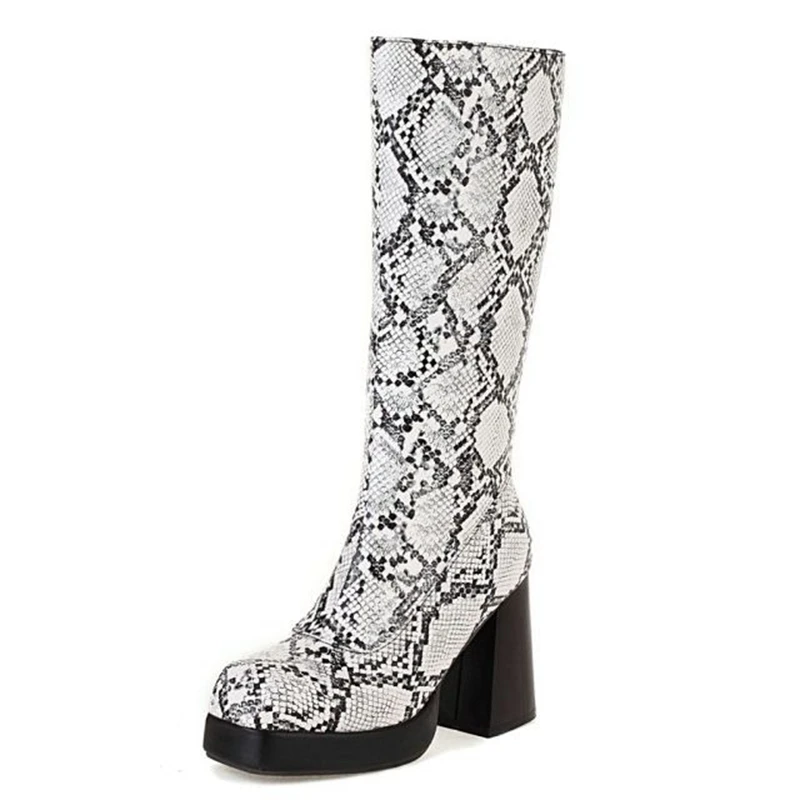 REAVE CAT Platform Mid-Calf Boots Toe Chunky Heels Snakeskin Leather Big Size 32-48 Blue S2753