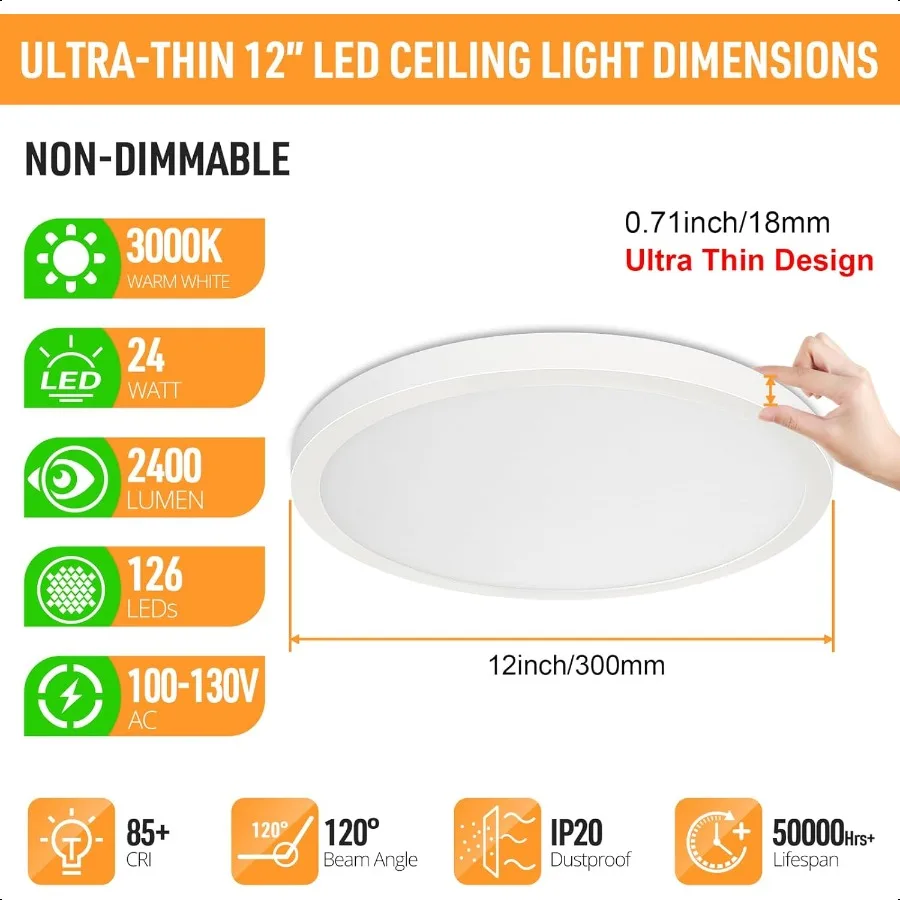 LED فلوش جبل السقف تركيب المصابيح 3000K الأبيض الدافئ 2400LM 12 بوصة 24W أضواء السقف المسطحة المستديرة 240W Equiv. مصباح لوحة غير