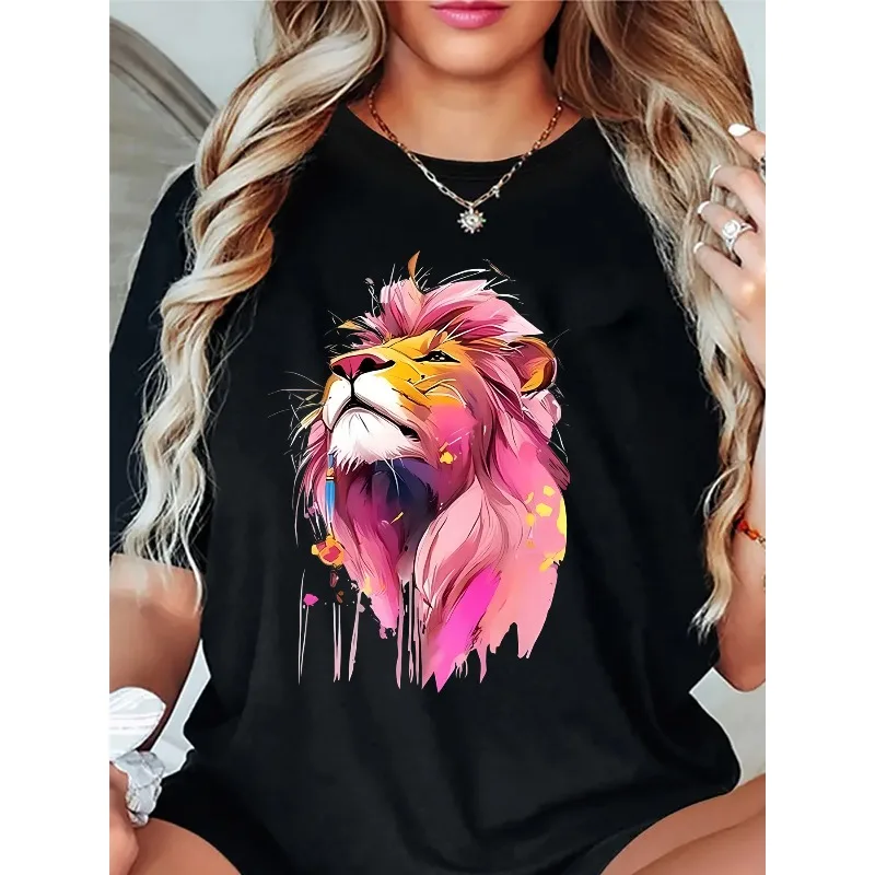 Ladies' Sports and Leisure T-shirt Bright Pink Splashed Lion Pattern Soft Round Neck Design All Season Fashionable Streetwear