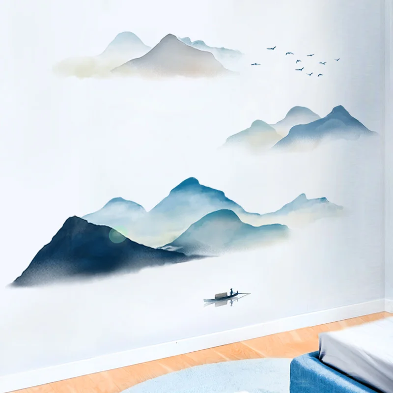 Ink Smudge Light Blue Mountain Background Wall Decoration Stickers Bedroom Bedside Chinese Artistic Conception Wall Stickers