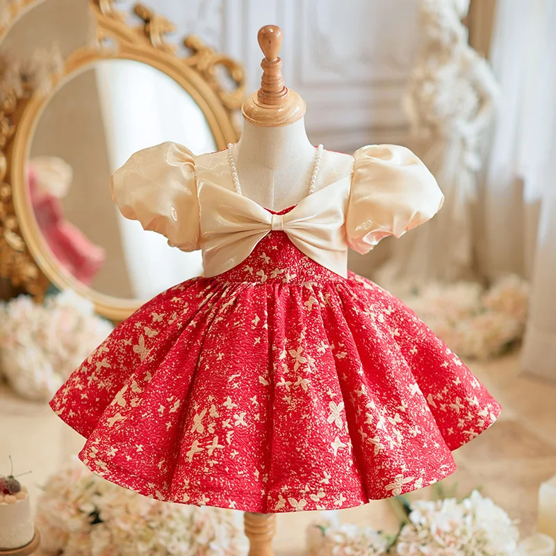 2024 New Girls Birthday Baptism Princess Ball Gown Children Cute Bow Beading Design Evening Party Eid Elegant Dress y1228