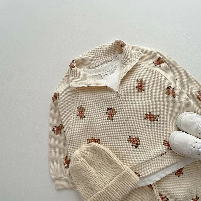 2023 Autumn New Baby Clothing Waffle Set Little Bear Pattern Print Newborn Boys and Girls Long Sleeve Pants Two Piece Casual Set