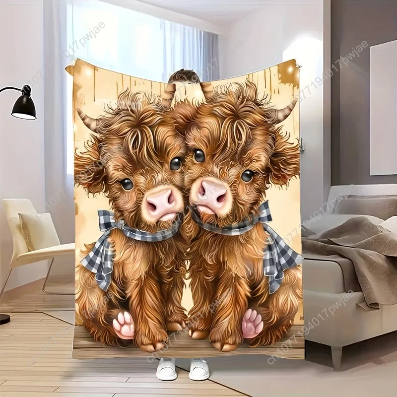 

Comfortable and Cute Cartoon Highland Cow Pattern Flannel Blanket | Fashionable, Soft, Warm, All-Season Multi-Functional Gift, I