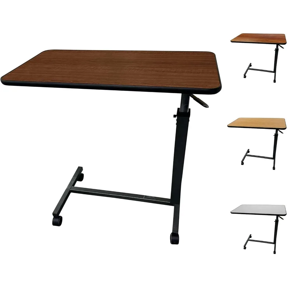 

Medical Overbed Table with Wheels and Adjustable Height - Mahogany Color Rolling Over Bed Bedside Table for Hospital and