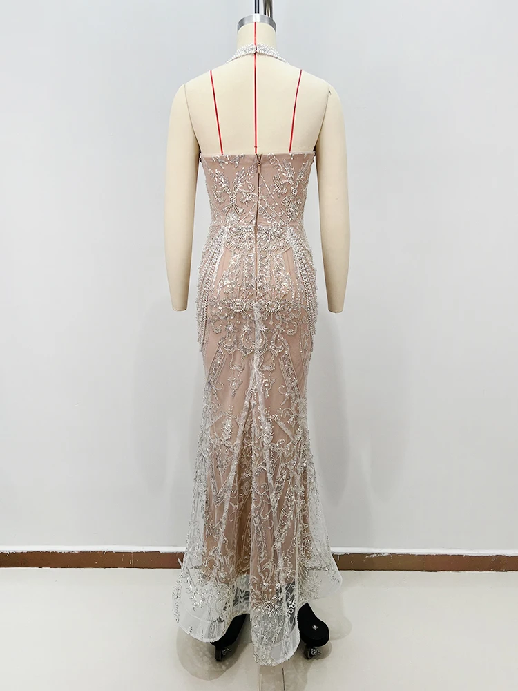 VC Opulent Crystal Beaded Sheer Mesh Halter Backless Mermaid Dress for Fashion Galas Evening Gown