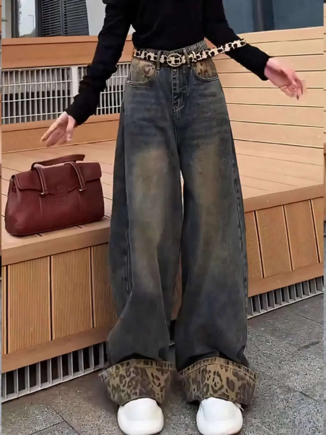 Women's Leopard Print Splicing Design Wide Legs Jeans Street Hip-hop Trousers Cool Girl Casual Bottoms Female Y2k Denim Pants