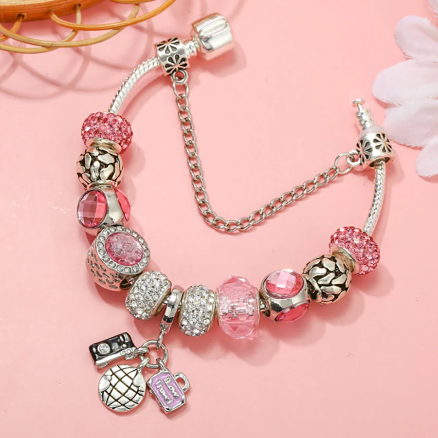 Buipoey Pink Crystal Beaded Bracelrts For Women Globe And Camera And Travel Bag Alloy Charm Bracelets Travel Memorabilia Jewelry