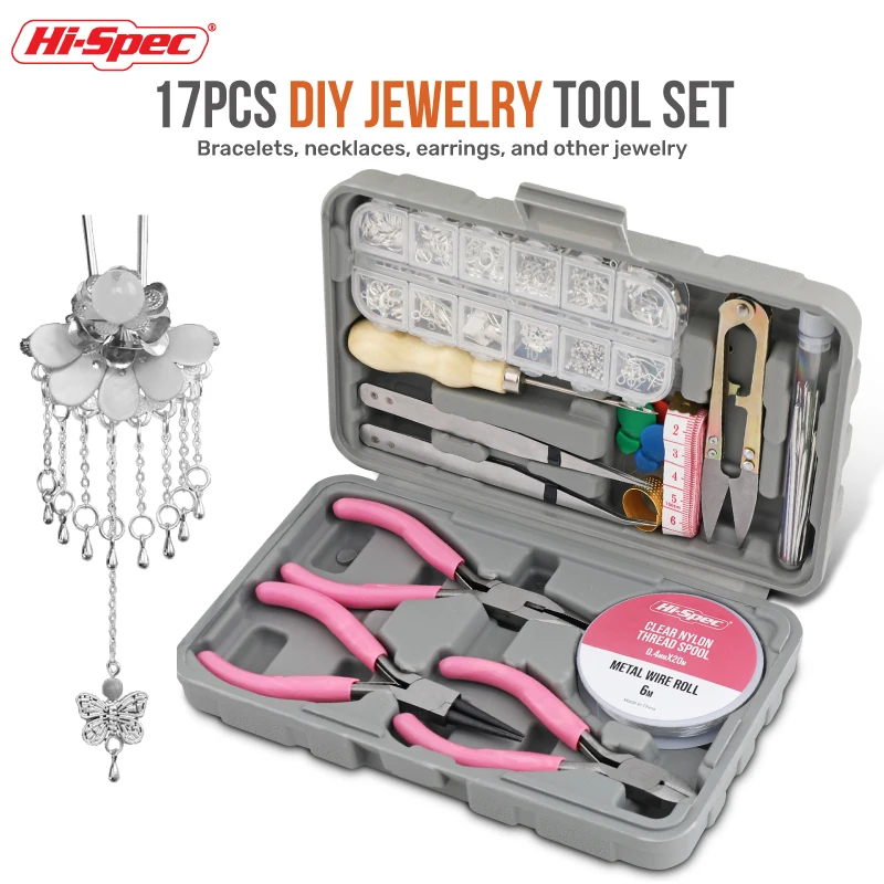 

17pcs Hi-Spec Jewelry DIY Home Tool Set Household Pink Multi-function Hand Repairing Tool Kit Tweezers Plier Measure Home Tool