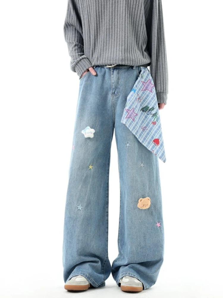 

Fashion Y2K Jeans Men Spring New Straight Loose Embroidered Pants Designer Wide Leg Boyfriend Denim Trousers Male