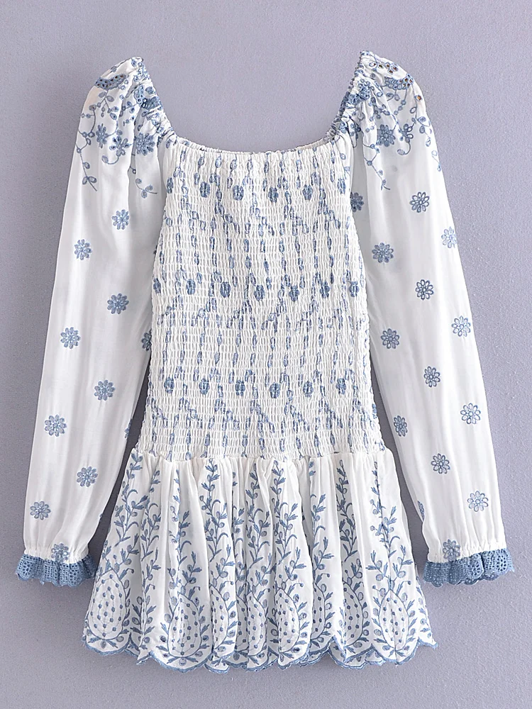2022 Romantic Puff Sleeve Embroidery White Blue Floral Body Elastic Ruched Mini Dress Woman Low Waist Ruffles Hem Holiday Robe