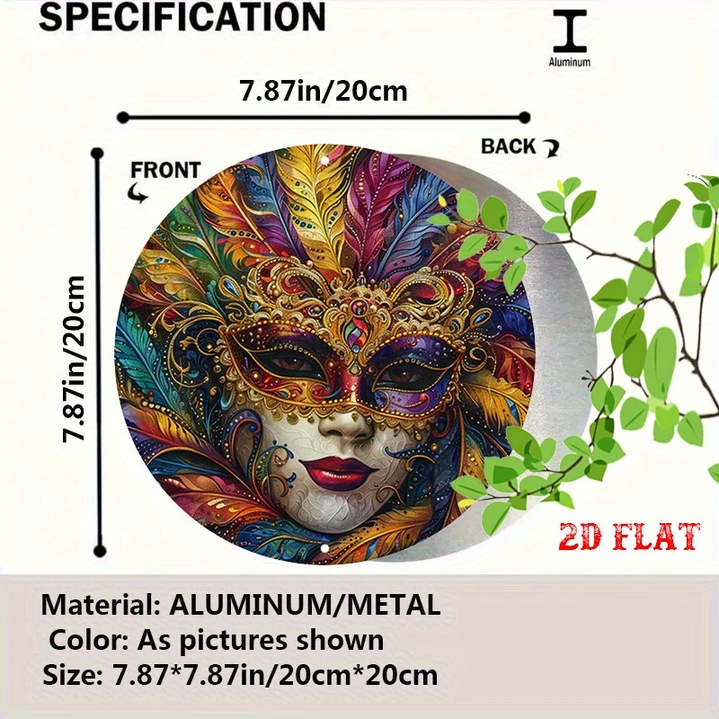 2D Flat, 1pc Vibrant Masquerade Mask Round Aluminum Sign - 7.87x7.87 Inch Ornate Design, Rustic Metal Wall Art for Home, Garage,