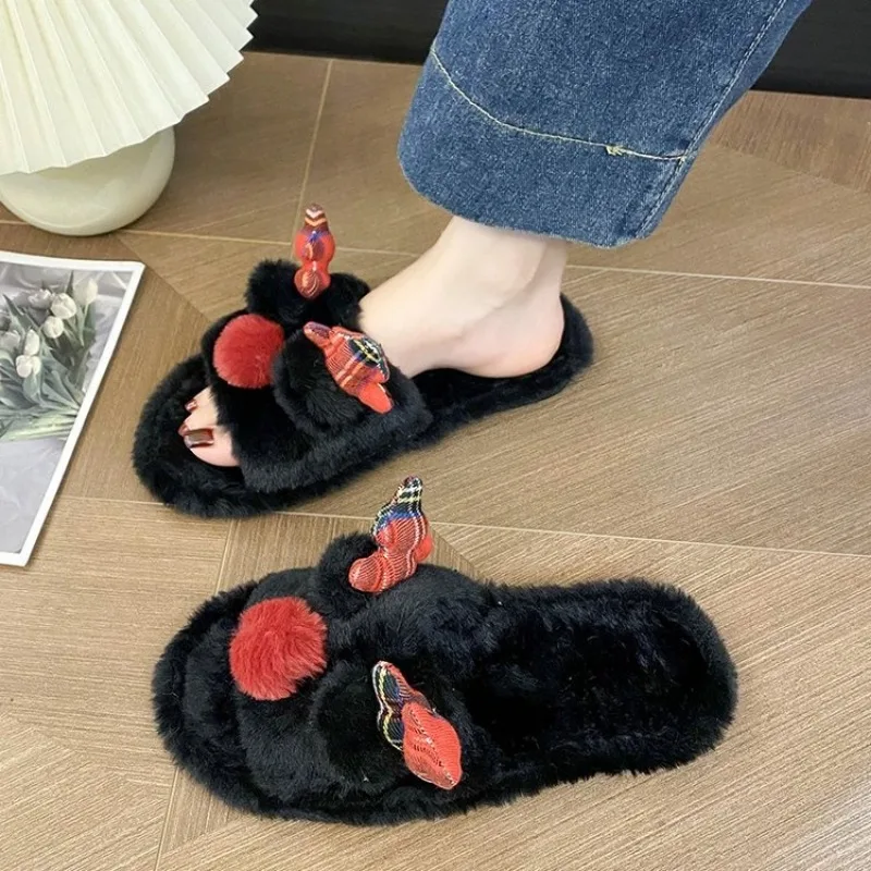 Warm Fashionable Home Slippers Winter Indoor Household Cartoon Cotton Slippers Soft Soled Christmas Reindeer Shoes Slides Women