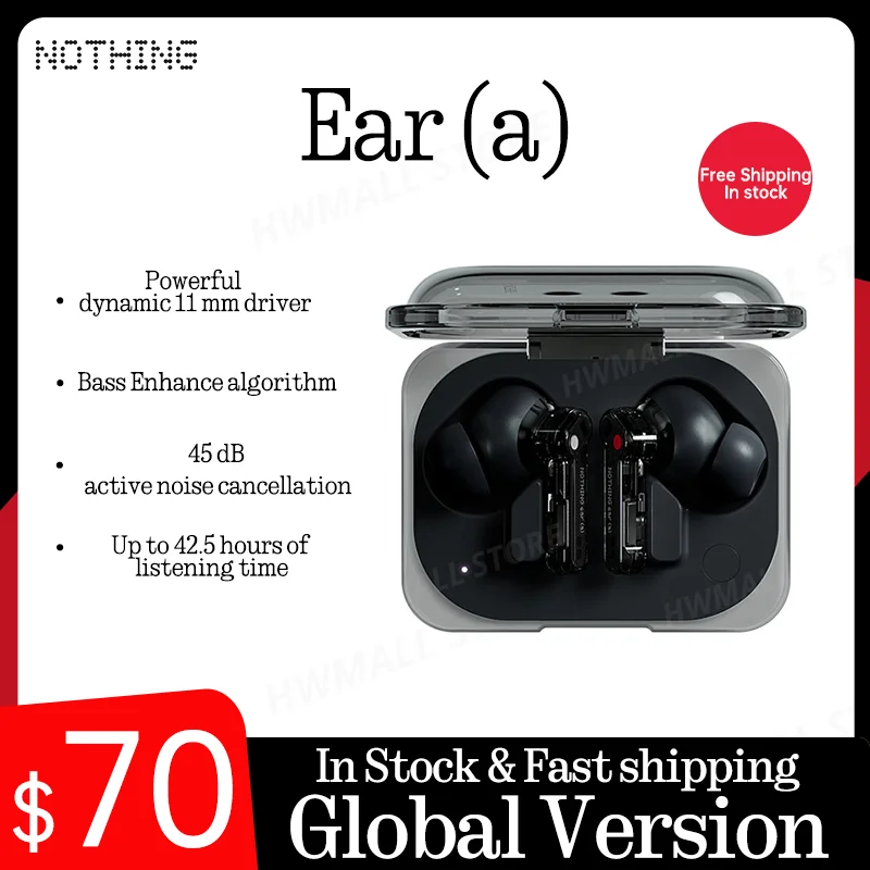 Nothing Ear (a) 45 dB active noise cancellation  Powerful dynamic 11 mm driver Up to 42.5 hours of listening time