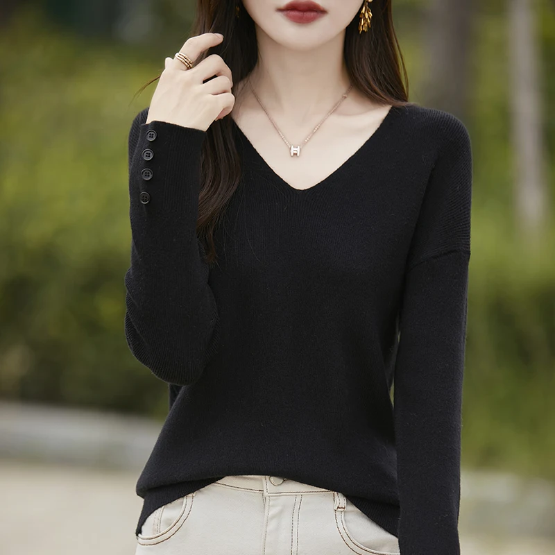 High-grade Woolen Sweater Women V-neck Knitwear Pullover Long Sleeve Loose Sweater Autumn And Winter New Cashmere Base Shirt