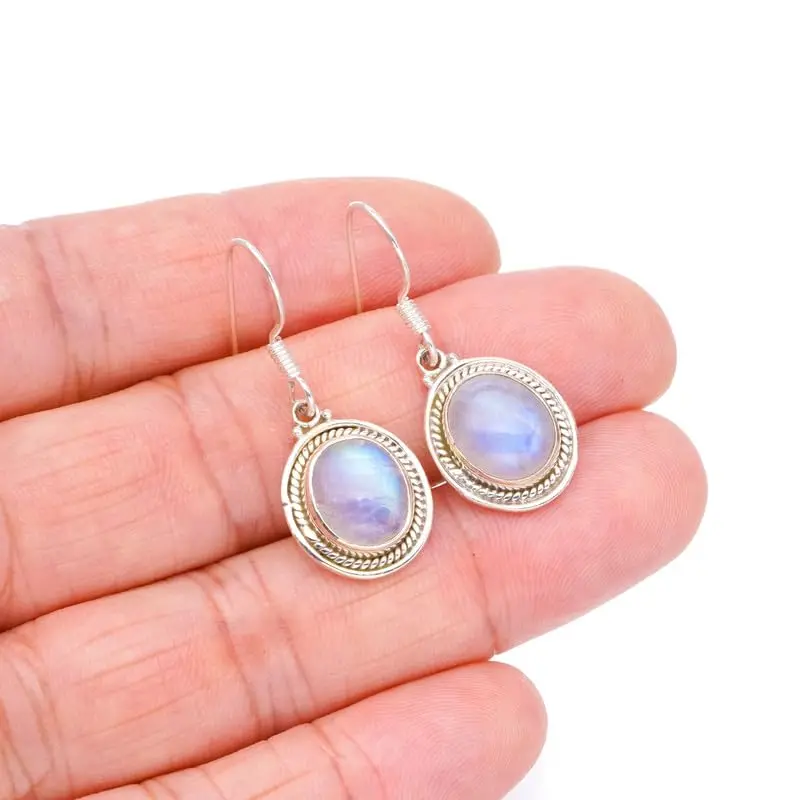 

StarGems Natural Rainbow Moonstone Handmade 925 Sterling Silver Earrings 1 1/4" F6756