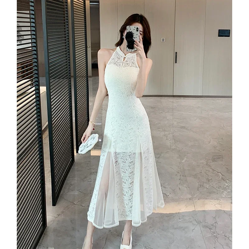 MiiiiX Chinese Style Lace Gauze Splicing Long Dess Women's Improved Cheongsam 2024 Summer Slim Sleeveless Retro Fishtail Dress