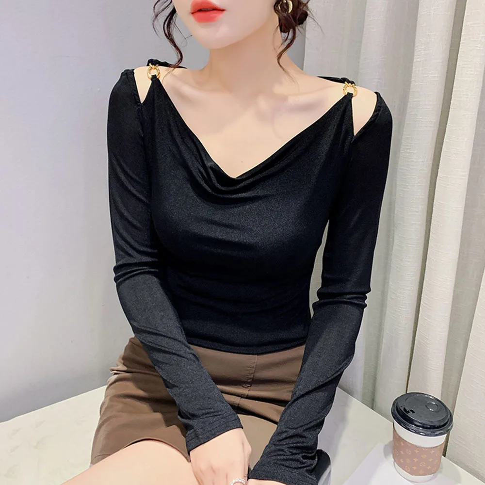 Draped Collar Long Sleeve Cotton T Shirt Women Sexy Club Women\'s T-shirt High Quality Fashion Off Shoulder Cutout Top Female Tee