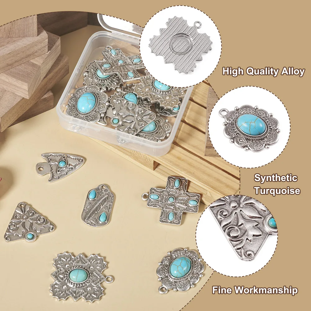 16Pcs Bohemian Pendants Antique Silver Color Geometric Synthetic Turquoise Charms for DIY Earrings Necklace Women Jewelry Making