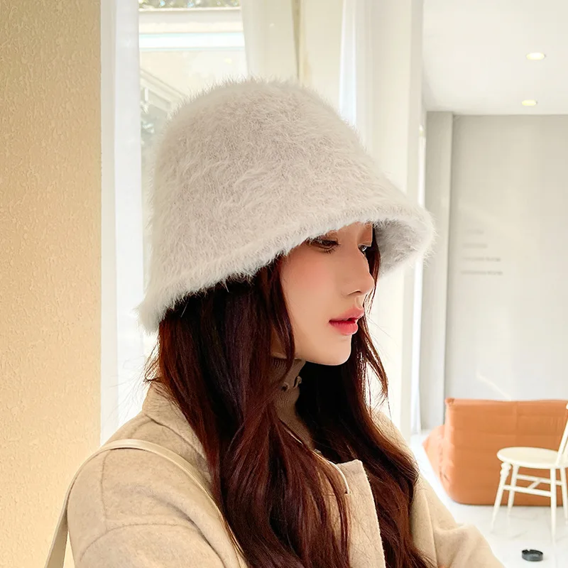 Hat Winter Women's Fashion Solid Color Rabbit Fur Hat Bucket Cap Fisherman's Hat Retro Knitted Wool Basin Bucket Hat