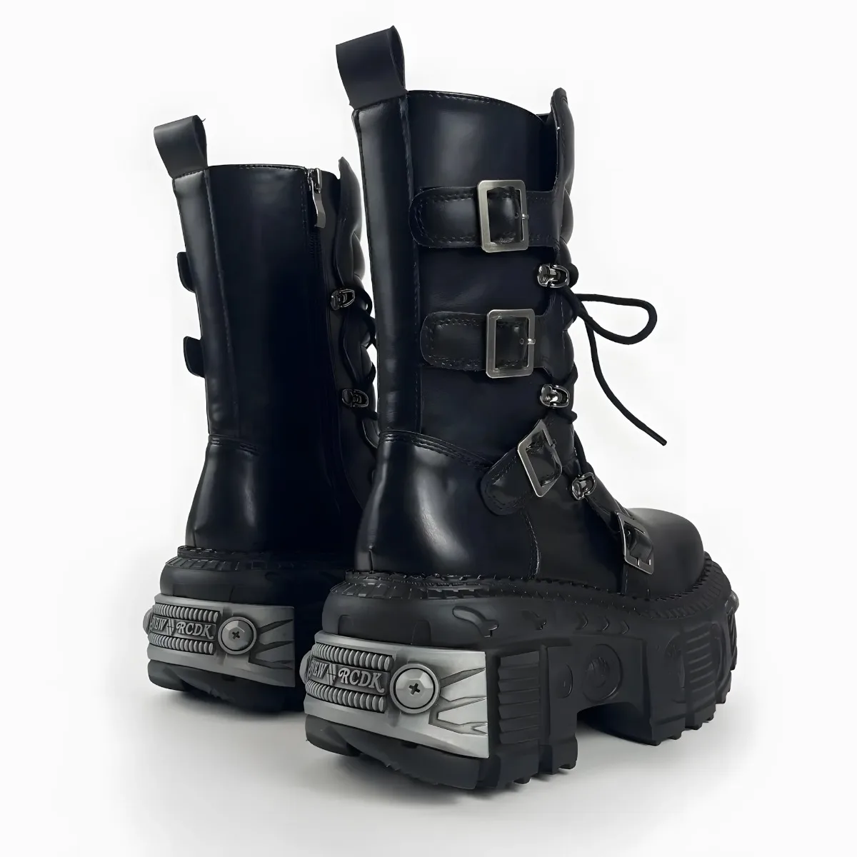 Women Punk Metal Buckle Platform Mid Calf Gothic Combat Boots For Rock Street Club Daily Casual Outdoor Outfit For Young Ladies