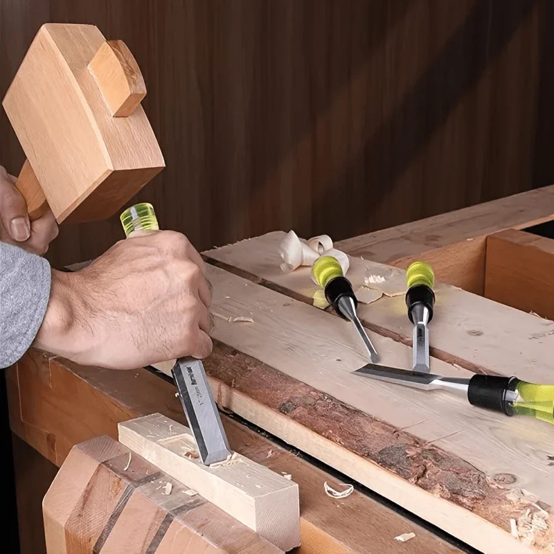 Set di scalpelli per legno da 4 pezzi per la lavorazione del legno Lama con bordo smussato in acciaio CR-V Utensile manuale per scalpello per legno con manico ad alto impatto in PVC durevole