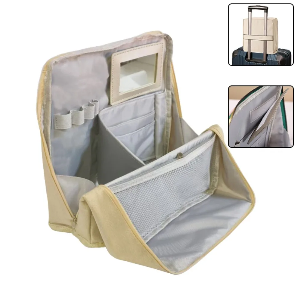 

Large Capacity Vertical Makeup Bag Standable Portable Student Stationery Bag with Mirror Partitioned Makeup Brush Storage Pocket
