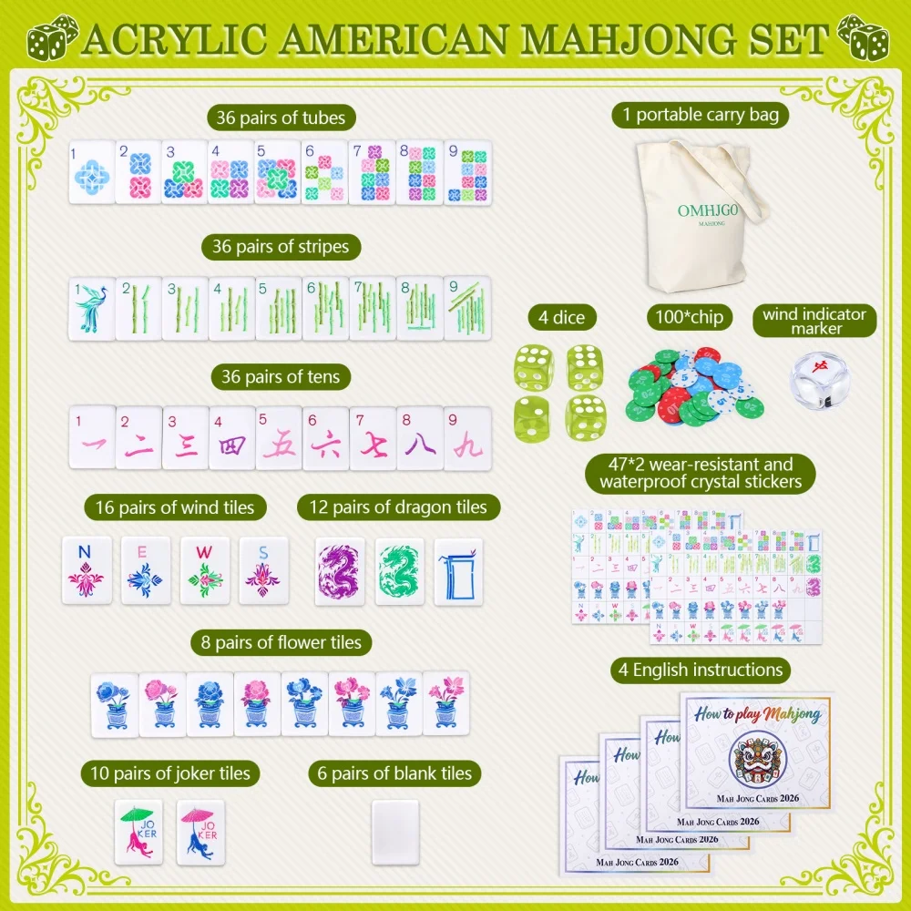 4-Layer Acrylic American Mahjong Set Luxury Engraved Mahjong Tiles Light Green Travel Mah Jongg Sets for Adult Party Board Games