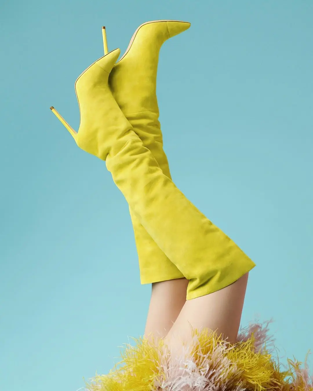 Bright Yellow Suede Pointed Toe Over The Knee Boots Sexy Stiletto Heels Runway Party Designer Shoes for Women Winter