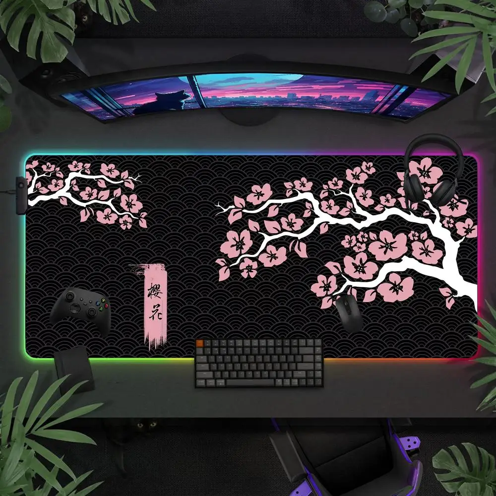 

Коврик для игровой мыши Pink Cherry Blossom RGB, настольный коврик HD, аксессуары для геймеров, большие коврики для мыши со светодиодной подсветкой, ковер для ПК, компьютера с подсветкой