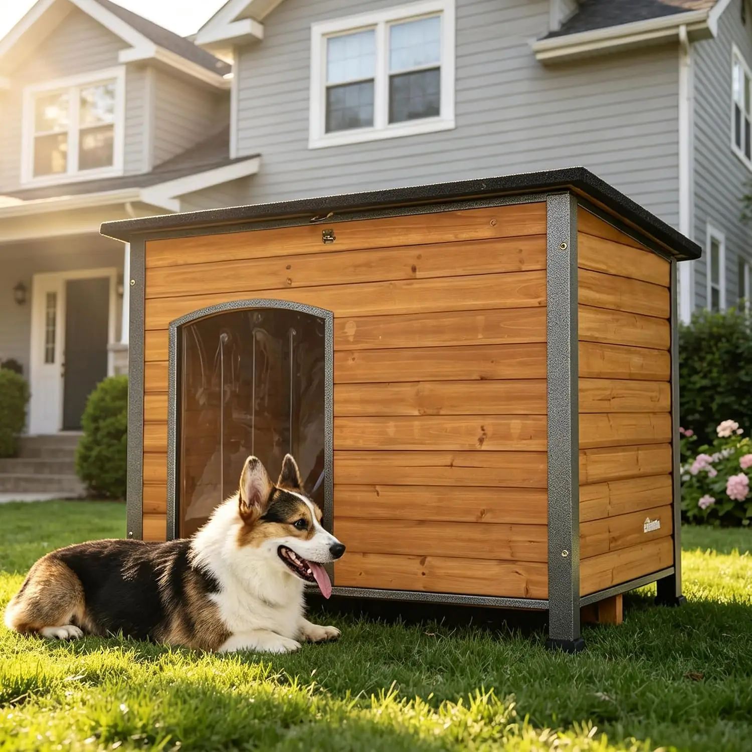 Large Dog House Outdoor Iron Frame Hinged Roof Waterproof Kennel Pet Shelter, Customized