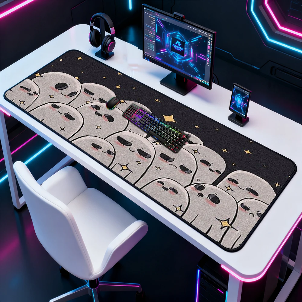 Cute Mouse Pad XXL Kawaii Ghost Stars Mousepad Desk Mat 120x60 Gaming Accessories White Black Foldable Rubber Stain Resistant