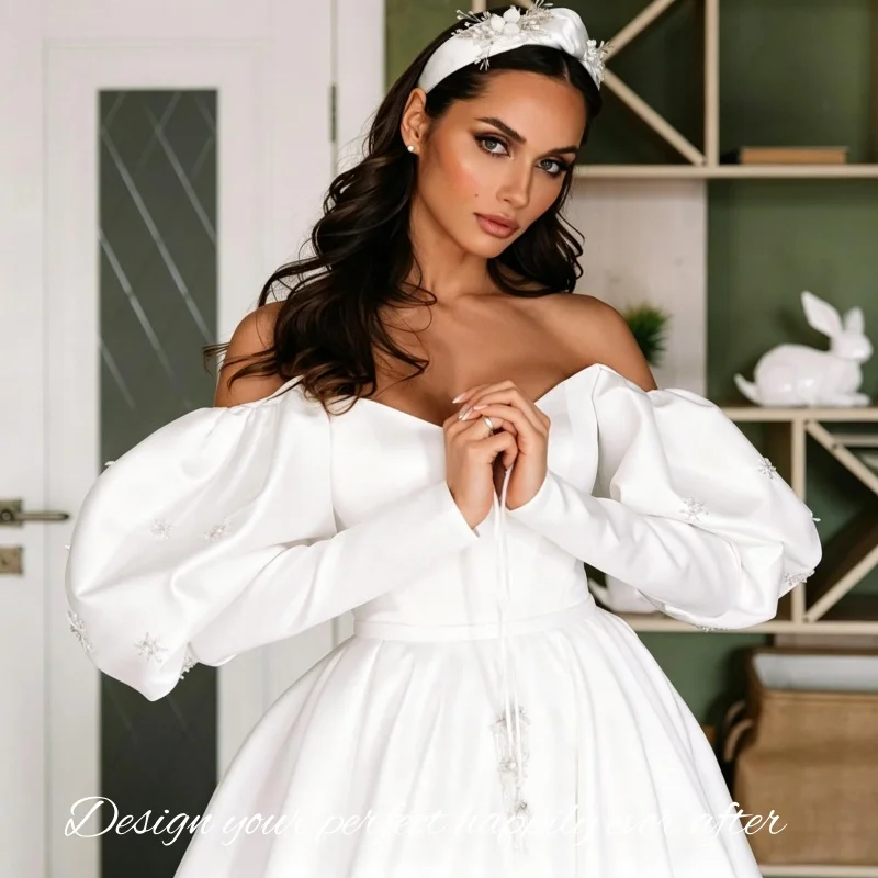 Elegant Sweetheart Neck A Line Satin Wedding Dress Detachable Puff Sleeve Sweep Train Vestidos De Novia Customized