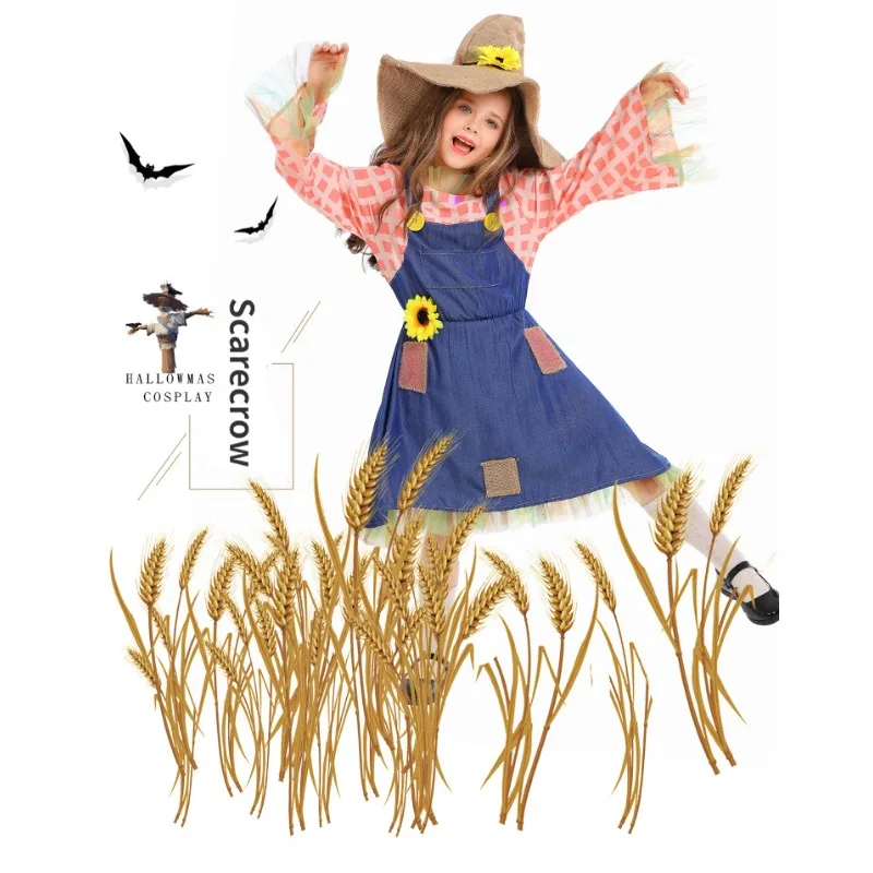 Plaid Patch Scarecrow Parent-child Dresses with Hat Halloween Kids Adult Scarecrow Cosplay Costume Festival Party Drama Dress Up