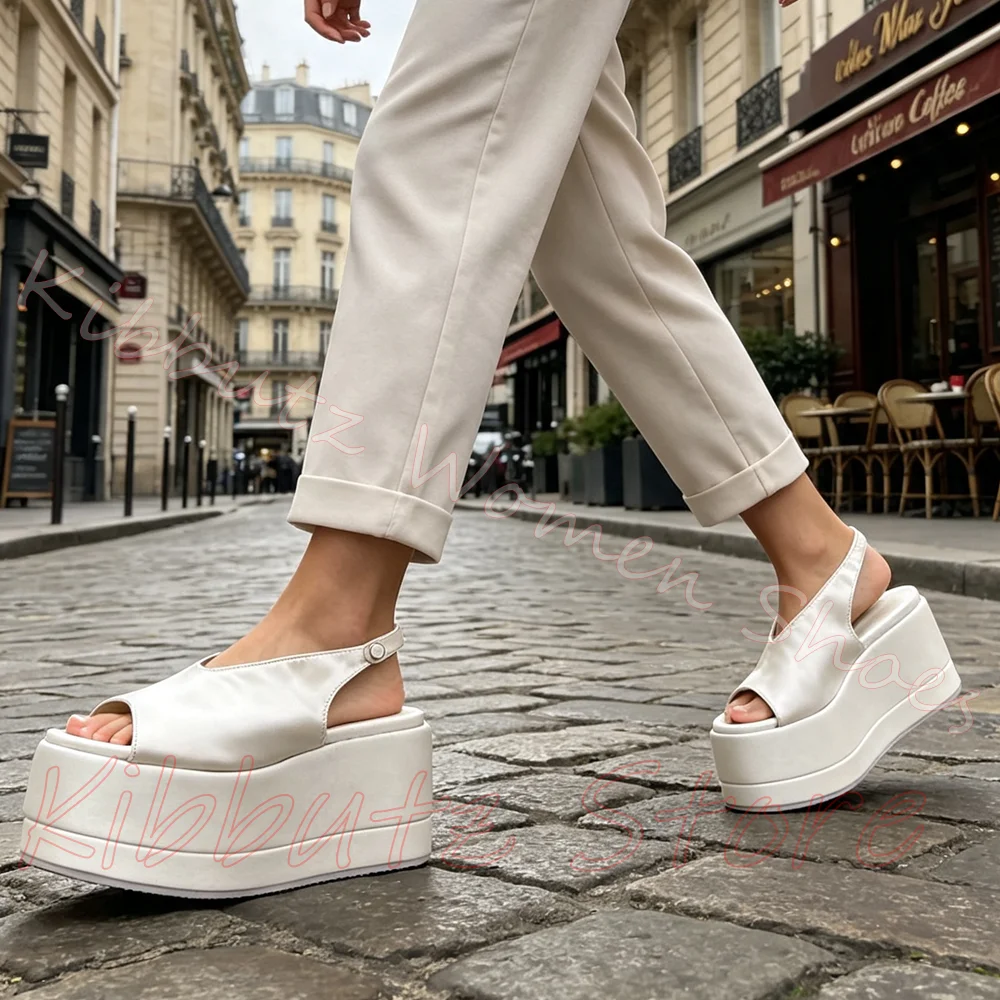 Slingback Platform Wedge Sandal Peep Toe Satin Upper Adjustable Buckle Back Strap Women Fashion Streetwear Solid Color Shoes New