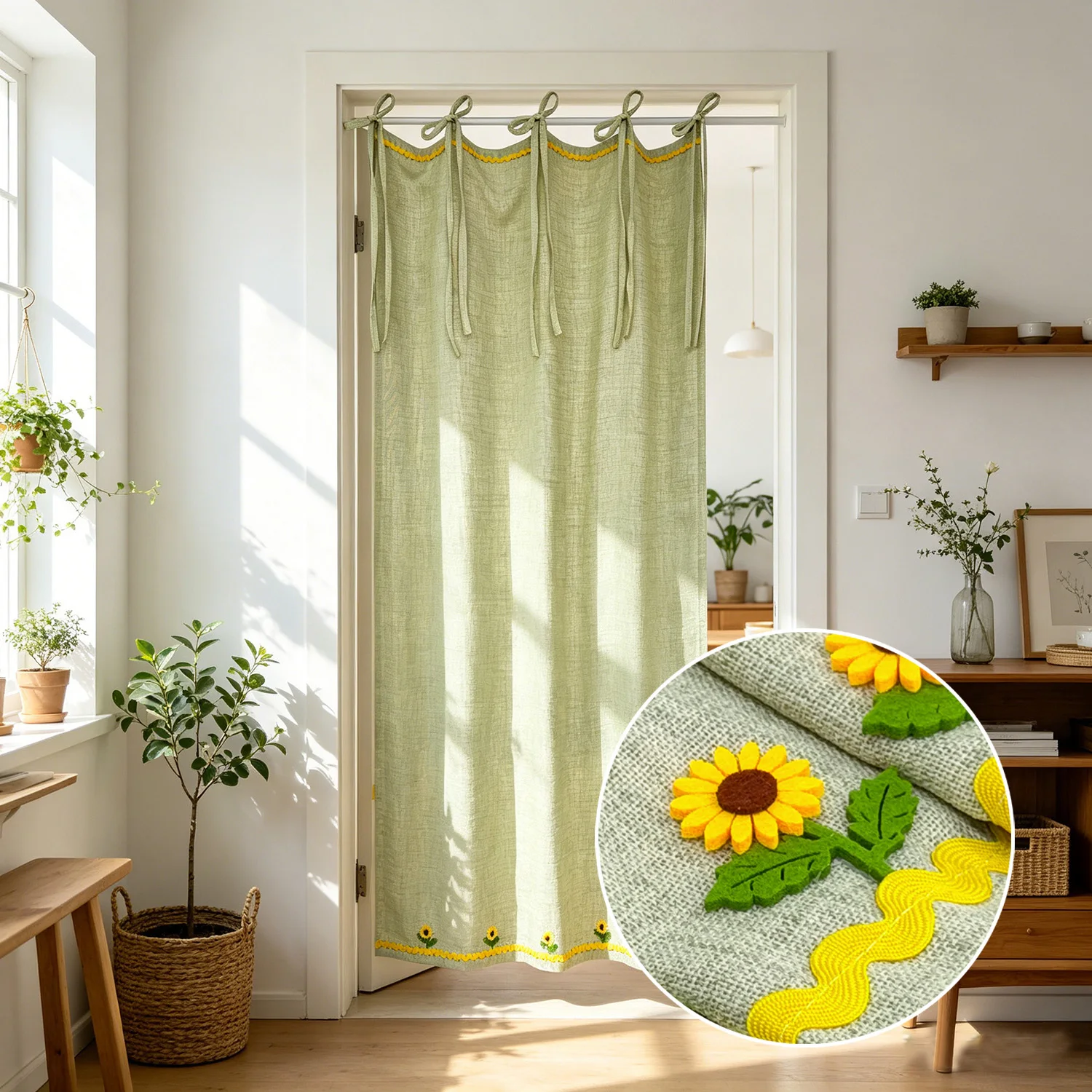 Cute Sunflower Door Curtain Light Green Textured Noren with Bow Tie Top, Rustic Semi-Sheer Partition for Bedroom Cafe Kitchen