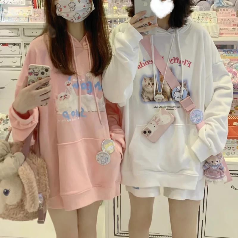 2023 Fall Kawaii Cat Print Hoodies Women Sweet Cute Aesthetic Animal Graphic Hooded Pullover Casual Harajuku Sweatshirts Tops