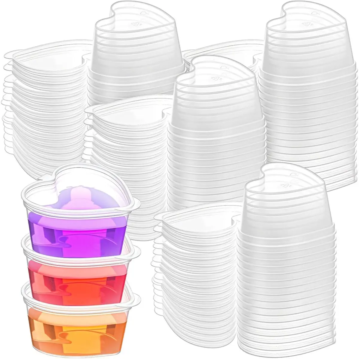 High Quality 100 Sets 1.5 Oz Clear Heart Shaped Jello Cups with Lids, Small Condiment Containers, Dipping Sauce Cup to Go Bowls