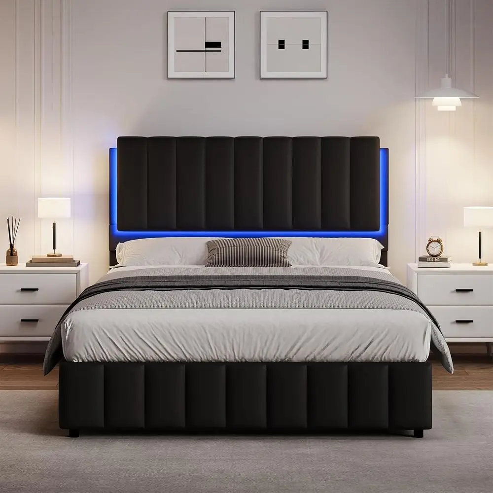 

Queen Size LED-lit Upholstered Platform Bed with Wooden Slats, No Box Spring, Easy Assembly, Black