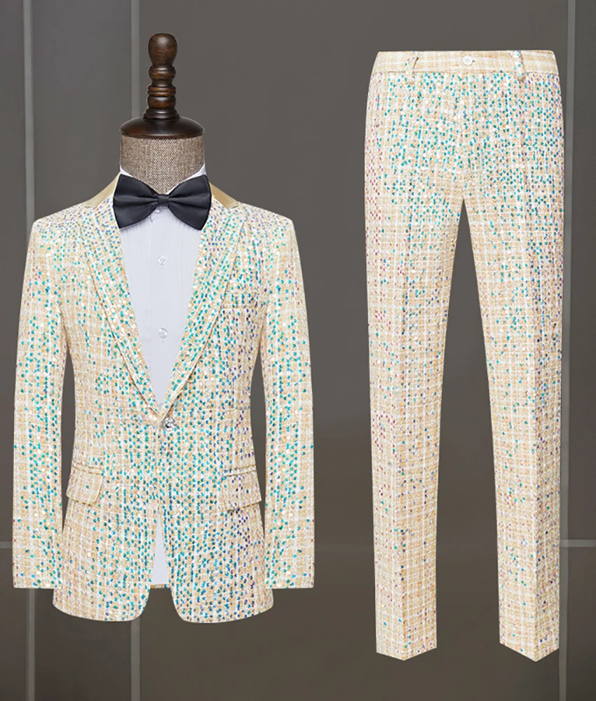 

Мужской модный костюм-двойка: однобортный пиджак и брюки для жениха, свадьбы, выпускного вечера и сценических выступлений.