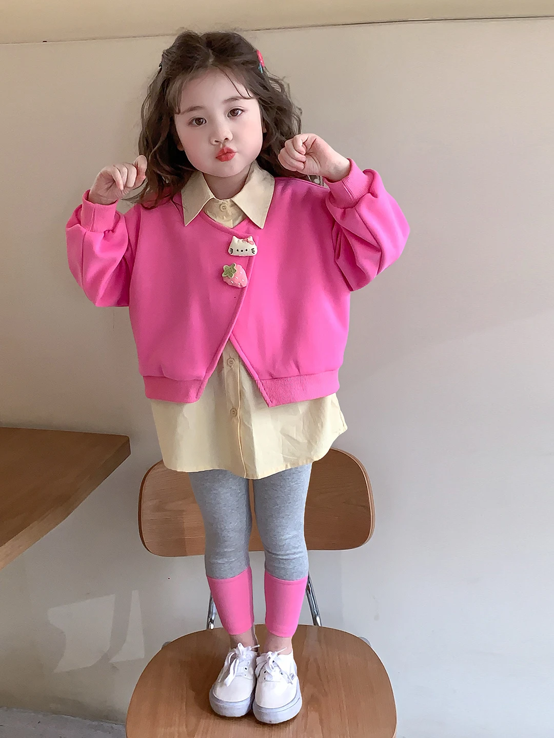 

Spring 2026 Girls' College Sle Casual Comfortable Cute Faionable Cartoon Doll Fake Two-Piece Set Knot Long Sve