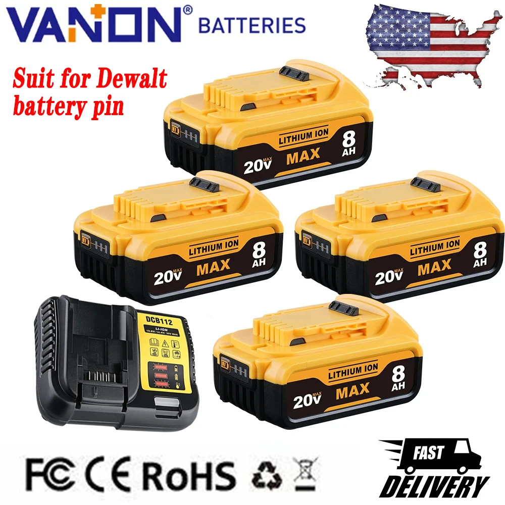 

VANON 4Pcs 8.0Ah DCB200 Battery Replace for Dewalt DCB205 DCB206 DCB204 DCB203 20V Li-on Battery Pin and DCB112 Battery Charger