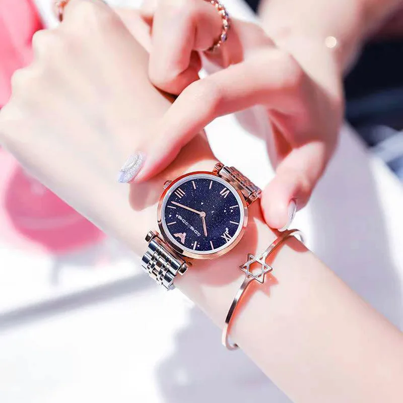 Elegant Night Sky Women's Watch - Minimalist Luxury Design Waterproof Night Light Stainless Steel Band Stylish & Sophisticated