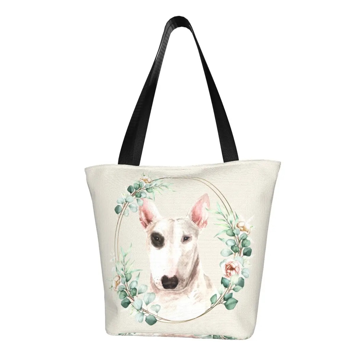 

Сумка-тоут для покупок Kawaii Bull Terrier Dog в цветочек, золотой венок, многоразовая Холщовая Сумка для покупок для домашних животных