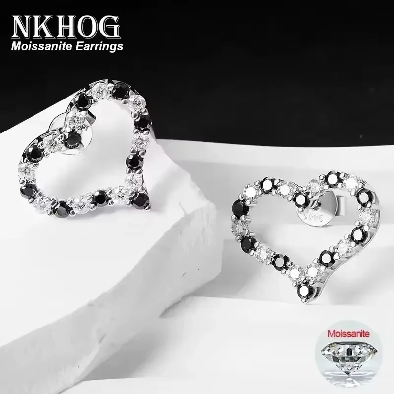 

Серьги-гвоздики NKHOG в форме сердца с муассанитом S925, серебро, 18-каратное золото, черно-белые серьги-гвоздики с лабораторным бриллиантом, женские ювелирные изделия, подарки