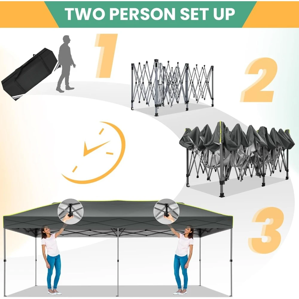 10x20 Pop Up Canopy, One Push Setup Glow Outdoor Tent with 6 Sidewalls, 3 Adjustable Height, Air Vent,Waterproof UPF50+,